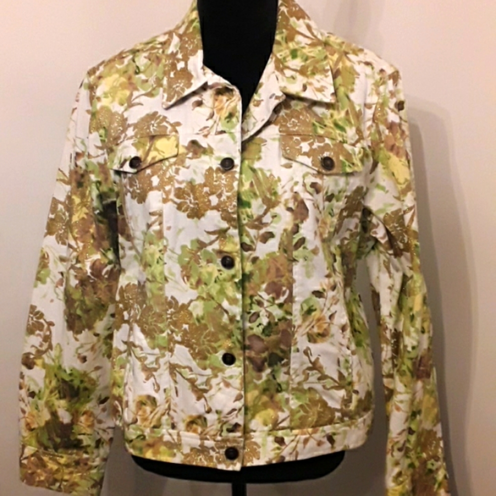 Green/Yellow w/ Gold  Glitter Floral Jean Jacket XL